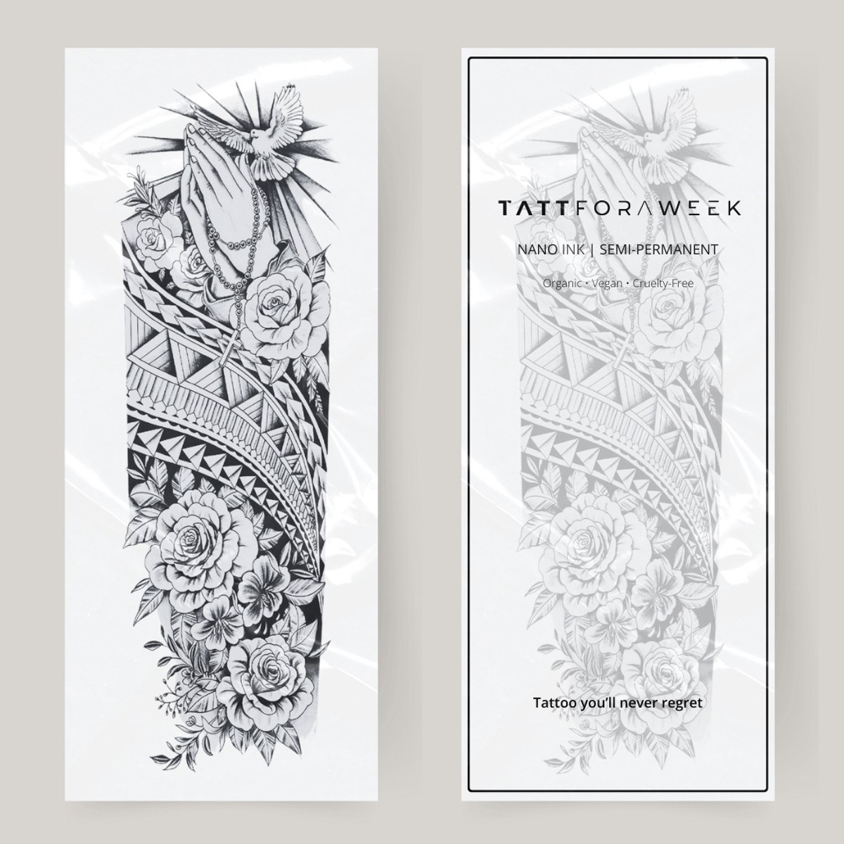 Nep tattoo sleeve faith | Neptattoo volwassenen | Tijdelijke tattoo voor volwassenen | Temporary tattoo | Plaktattoos voor volwassenen | Neptattoos | Probeer zorgeloos een tattoo | tattforaweek